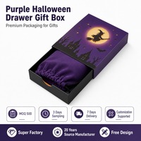 Boîte cadeau personnalisée en carton violet et noir à motif sorcière pour Halloween et la Saint-Valentin, avec pochette à cordon en velours et impression typographique