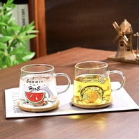Tasse à boire en verre résistant à la chaleur avec couvercle en bois en forme de fruit, mugs en verre de forme de dessin animé, tasse à café en verre