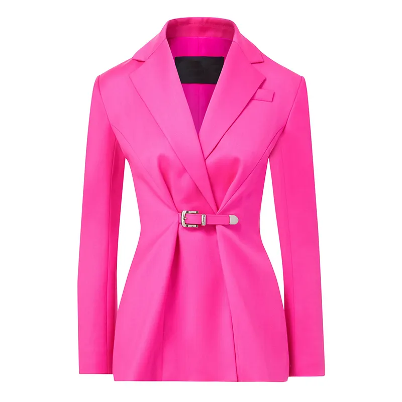 Western Style Notched Lapel Belted Ladies Blazer Hot Pink Single Breasted Casual Fitted Waist Women Jackets Blazer