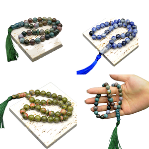 Vente en gros de chapelets de prière musulmans en argent plaqué, agate naturelle, perle naturelle, forme de boule classique, espaceur, pompon, cadeaux religieux islamiques - Product Image 1