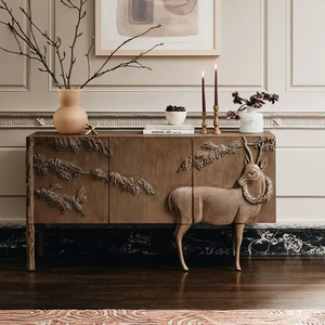 Armoire d'appoint sculptée à la <span class=keywords><strong>main</strong></span> en forme de cerf, blanc vieilli, avec relief floral de cerf, rangement, buffet, armoire en bois antique - Product Image 1