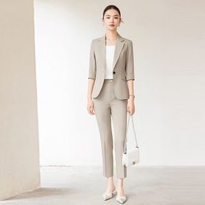 Women's Navy Blue Suit Set Three Quarter Sleeve Anti-Wrinkle Office Lady Formal Business Wear Autumn Season - Product Image 4