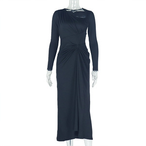 เดรสมิดิแต่งระบายคอไม่สมมาตรของผู้หญิงเดรสบอดี้คอนแขนยาวแฟชั่น - Product Image 5