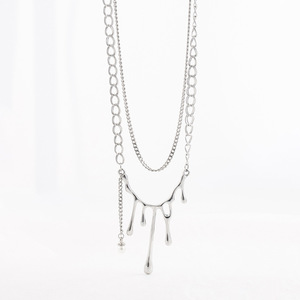 Layered <b>Titanium</b> Steel Necklace Geometric Teardrop Pendant Double Chain Unisex Fashion Jewelry - Product Image 3