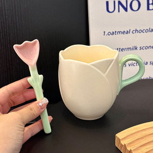 Juego de <span class=keywords><strong>Taza</strong></span> y Cuchara de Cerámica con Diseño de Tulipán 3D, Color Rosa Pastel, Accesorio de Escritorio, Apto <span class=keywords><strong>para</strong></span> Microondas, Sin Plomo, Decoración <span class=keywords><strong>para</strong></span> el Hogar, Regalo <span class=keywords><strong>para</strong></span> el Día de la Madre - Product Image 3