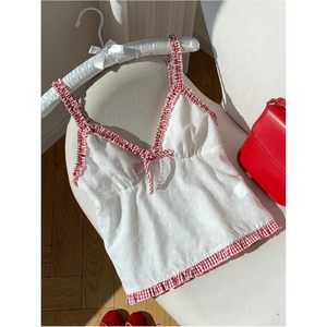 Women's Embroidered Camisole Top With Plaid Trim <b>Bow</b> Front Spaghetti Strap Peplum Design - Product Image 3