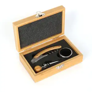 Wine Accessories Wine Bottle Opener Box Kit Wooden Gift Case 4 in 1 Customized Red Wine Corkscrew Set With Lid