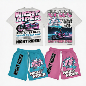 Ensemble T-shirt et short surdimensionné personnalisé, style Y2K Cyberpunk, imprimé graphique néon moto, ensemble court d'été pour homme - Product Image 1