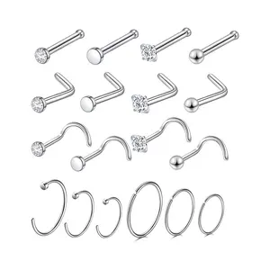 18 adet 20g 2mm CZ cerrahi çelik Septum dudak Helix Tragus burun yüzük Hoop çiviler kıkırdak küpe vücut piercing takı