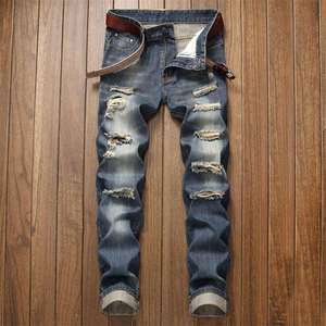 Jean en denim bleu taille haute pour homme, coupe skinny, style motard, boyfriend, déchiré, délavé et vieilli, grandes tailles - Product Image 5
