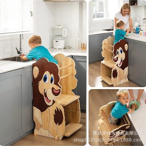 Torre de aprendizaje infantil de madera transfronteriza, escalera para lavarse las manos para bebés, taburete con forma de león, escalón elevador para niños - Product Image 5