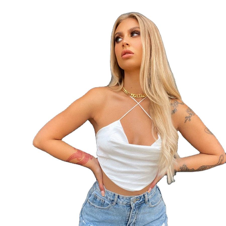 Top corto de satén con tirantes finos y cuello Halter para mujer