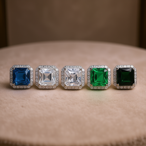 Anello da Donna E671 con Gemma Quadrata, Zaffiro Naturale con Incastonatura a Pavé, Anello Classico in Acciaio Inossidabile, Pietra Portafortuna di Settembre - Product Image 2