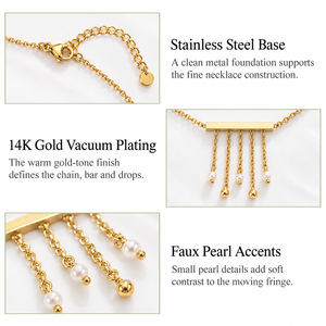 Fringe Bar Necklace Stainless Steel 14K <b>Gold</b> Vacuum Plated Faux Pearl Adjustable Chain Jewelry - Product Image 2