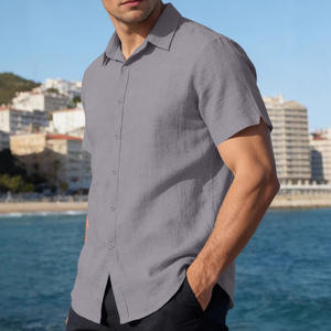 Camisa de Lino de Manga Corta para Hombre, Color Sólido, Cierre de Botones, Casual, Transpirable, Cuello Camisero, Ropa de Playa para Verano - Product Image 1