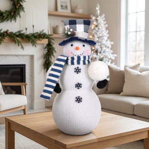 Blue Buffalo Plaid Hat Snowman Figure with Sparkling <b>Snowball</b> for Modern Winter Tabletop Decor New - Product Image 2