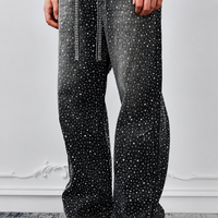 Jeans pour hommes personnalisés avec strass, 100% coton sergé, coupe large, streetwear, logo brodé scintillant, OEM ODM, vente en gros