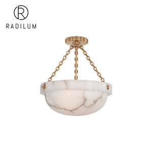 Lámpara de Techo Moderna de Alabastro, Decoración de Hotel de Lujo, Cuenco de Piedra Natural Tallada, Cadena de Latón, Banda Acanalada, Montaje Semi Empotrado - Product Image 1