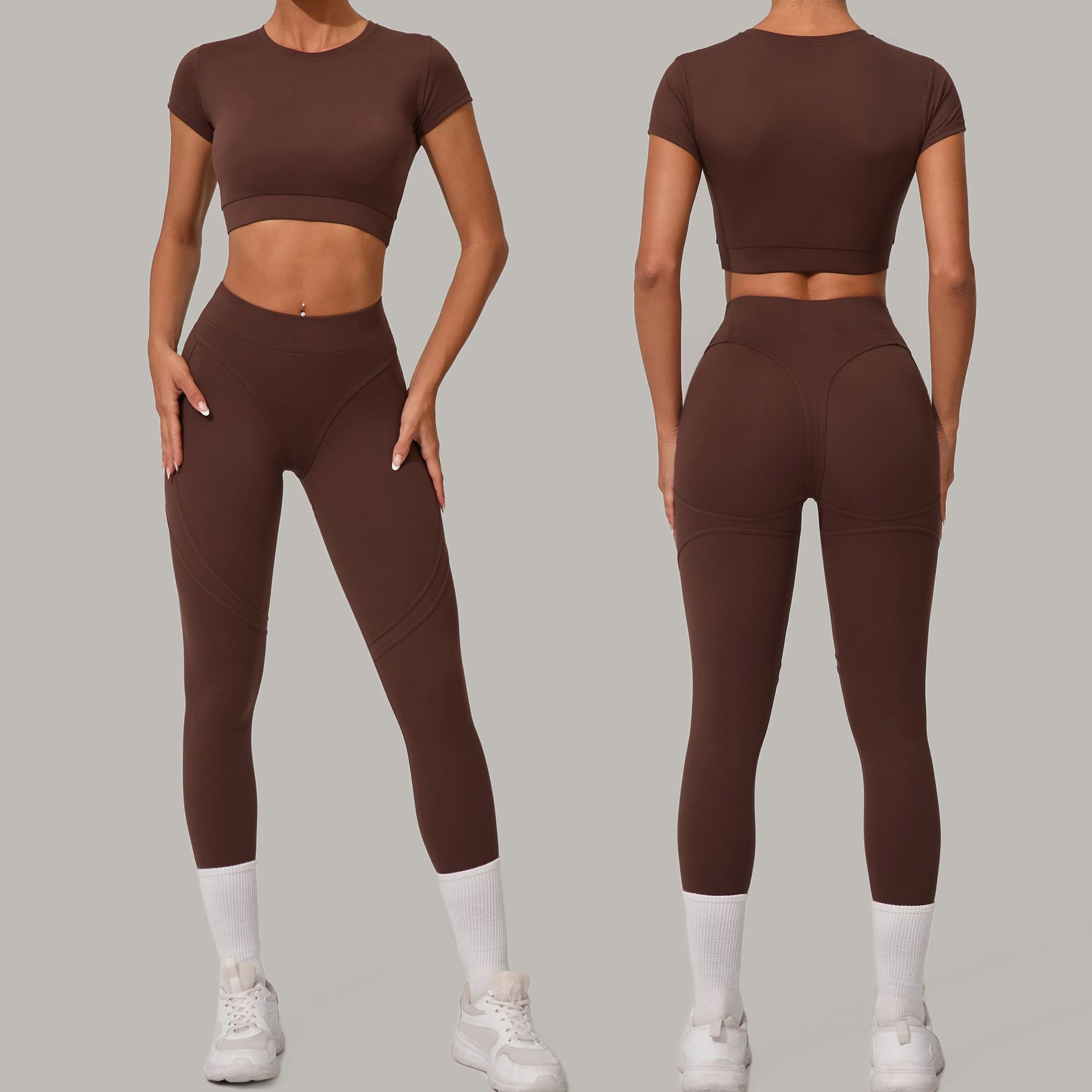 Women's Quick Dry Fitness Leggings Tops Set Compression Stretchy Non-Front Seam Lightweight Breathable Solid Pattern Butt Lift