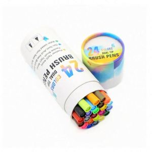 24 Colour Double Head Non-toxic Water-Based Dual Tip Water <b>Color</b> Brush Marker <b>Pen</b> Set with Paper Tube Packing - Product Image 1