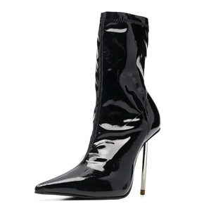 Metal Slim Heels Women Pointy Toe Ankle <b>Boots</b> High-Heeled Stiletto Shoes Short Bright Patent Dress Pumps - Product Image 2