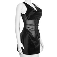 Viviblook C26DS017 Robe Courte Quotidienne pour Femme, Nouvelle Collection Été, Couleur Unie, Sexy, Dentelle Tissée, Col en V, Transparente, Sans Manches, Coupe Droite