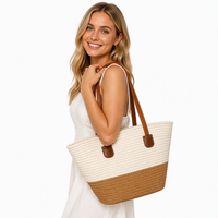 Sac de plage en paille et corde de coton pour femme, grande capacité, sac fourre-tout à bandoulière haut de gamme avec poignée en cuir