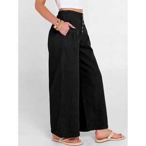 Womens Wide Leg High Waisted Cropped Denim Pants With Buttons And <b>Pockets</b> Breathable Cotton Material Spring Fashion Style - Product Image 5