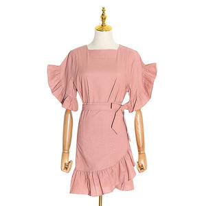 GIMILY OEM y ODM productos personalizados elegante color sólido Delgado Lino algodón mini vestido volantes Vestido de manga corta con buena calidad - Product Image 5