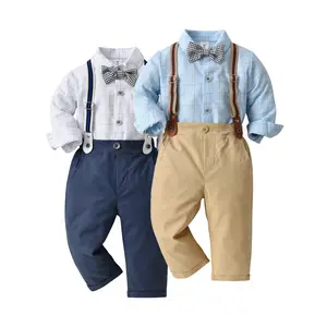 Baby Boys Gentleman Outfits Suits Infant Suspender Straps Boy Clothing Set Kids Birthday Wedding Party Formal Suit 1-4 years