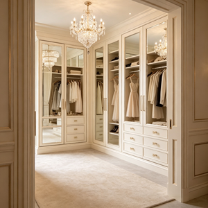 <span class=keywords><strong>Dressing</strong></span> Moderne de Luxe Personnalisé avec Portes Miroir en Bois Massif Blanc Crème, Armoire Plafond-Plancher et Unité de Rangement à Tiroirs Grande Capacité - Product Image 3