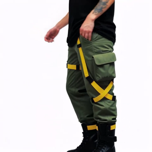 트렌디 한 미드 웨이스트 카모 카고 바지 옐로우 스트랩 멀티 포켓 디자인 힙합 스타일 자수 타이 다이 스판덱스 겨울 다크 - Product Image 4