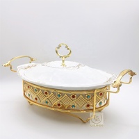 Plat de service de luxe en céramique 1,5L/2L avec incrustations de diamants, chauffe-plat de buffet en porcelaine avec couvercle pour mariages, hôtels et banquets