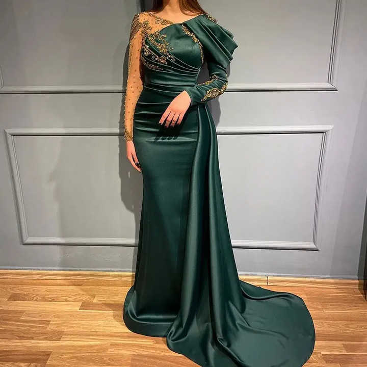 Green Mermaid Satin Evening Dresses Gowns 2025 Beaded One Shoulder Elegant For Women Party LA71341 main image 1