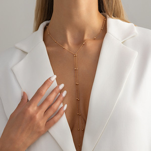 Collar Lariat de oro rosa para mujer, cadena de bolas de aleación de cobre con colgante en forma de Y - Product Image 1