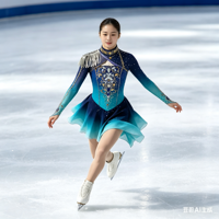Costume de patinage artistique bleu marine dégradé, robe à manches longues en maille avec strass pour filles adultes, compétition et performance