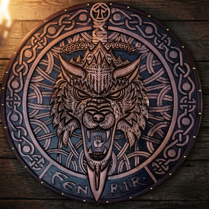 Bouclier Viking usé par le combat, décoration murale, loup Fenrir sculpté en bois - Product Image 3