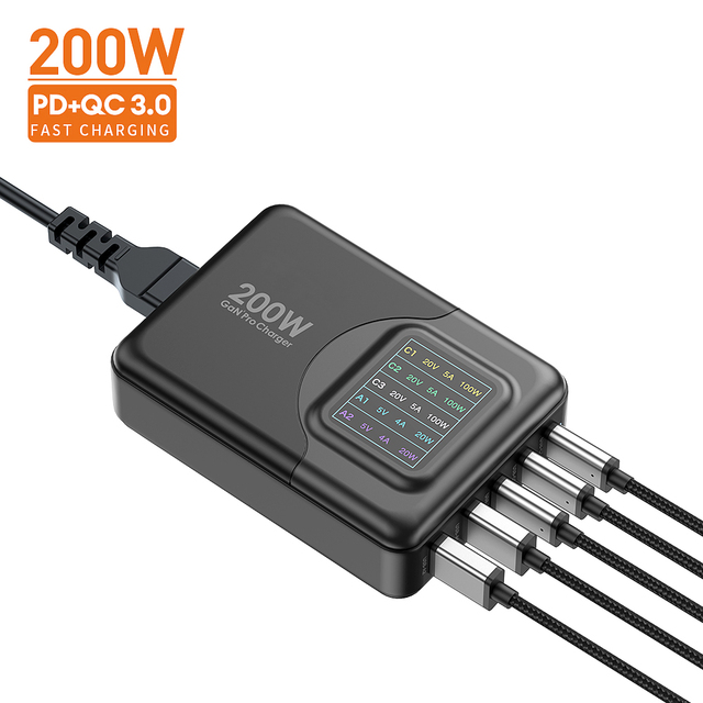 GaN Multi-ports 200W Super Fast Charging Laptop Mobile Phone USB Type C PD Fast Quick Charger with LED Digital Display