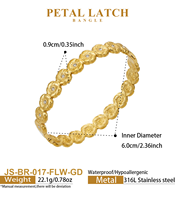 Gelang JinSpark 'Petal Latch' berbahan baja tahan karat 316L dengan bezel set, engsel, dan lapisan emas 18K vakum, serta zircon bunga 3D untuk wanita