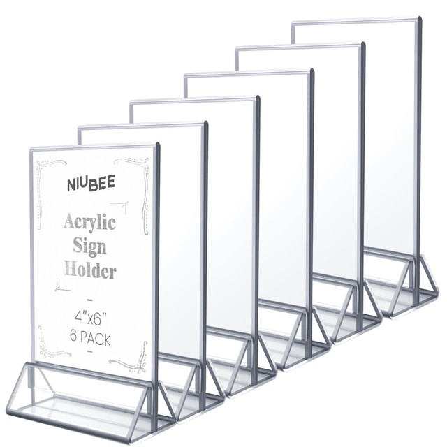 Double Sided Clear Acrylic Menu Holder Silver Border Tabletop Sign Frame Display Stand