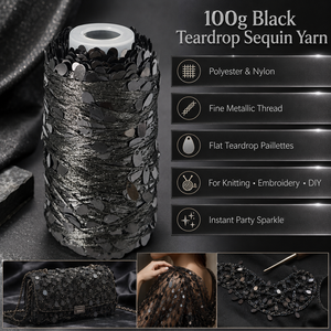 Hilo de Poliéster/Nailon con Lentejuelas Negras en Forma de Lágrima de 100g - Hilo Metálico Fino <span class=keywords><strong>para</strong></span> Manualidades, Tejido, Bordado y Decoración Artesanal - Product Image 1