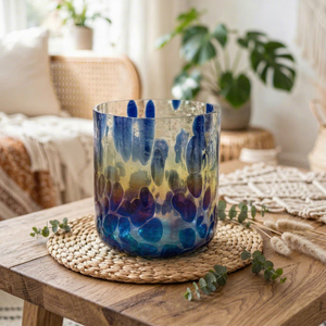 Portavelas de Vidrio Hecho a Mano en Azul y Amarillo, Portavelas Redondo Resistente al Calor, Decoración para el Hogar, Navidad - Product Image 1