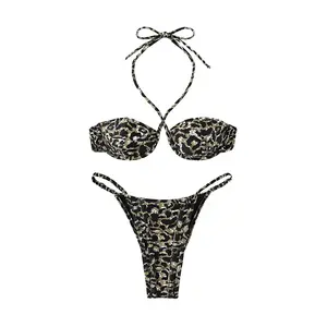 Bikini Push Up a fascia all'ingrosso nero leopardato costume da bagno Cross Halter costumi da bagno donna Sexy Bikini brasiliano