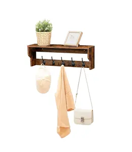 Antique Wooden Wall Mounted Clothes Rail With 5 Hooks Wall Shelf Coat Rack For Hallway Living Room