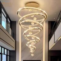 Lustre en cristal K9 en spirale de luxe, pour villa, escalier, plafond haut, hall d'hôtel, luminaire décoratif à LED en forme d'anneau, télécommande