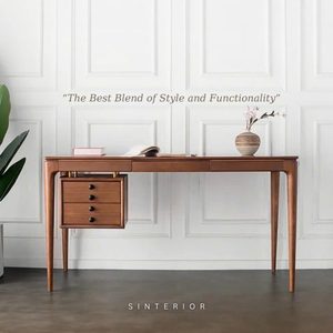 SINTERIOR HOME OFFICE <b>DESK</b> 140 CM SOLID RUBBERWOOD WALNUT ASH FINISH STORAGE <b>DRAWERS</b> METAL ACCENTS CLASSIC VINTAGE WOODEN WRITIN - Product Image 2