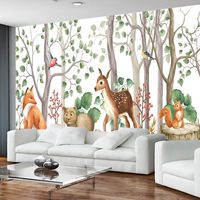 Murale géométrique moderne imperméable à l'eau, aquarelle, animaux mignons de la forêt, plantes vertes, arbres, prairies, décoration murale de chambre à coucher sans pelage