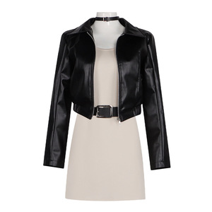 Conjunto de Disfraz de Cosplay de Chaqueta de Cuero Negra Corta para Mujer, Atuendo de Halloween - Product Image 1