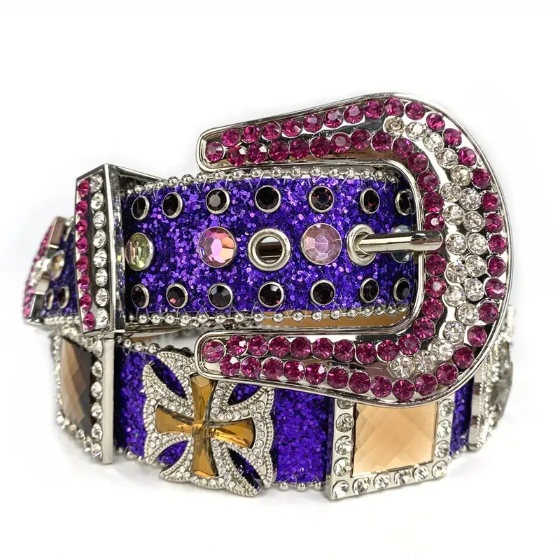 TENGMEI Women Purple Bling Bling Concho Belt Diamond And Square Glass Studded Rhinestone Belt For Girls