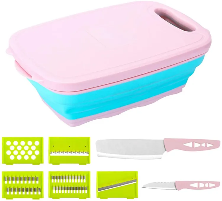 Yangjiang manufacturer innovative kitchen tools Pink 9 In 1 multi functional cutting board with folding drain basket